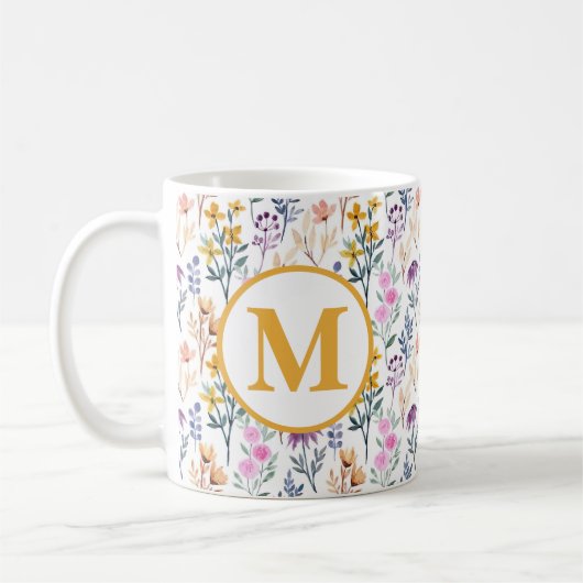 Colorful Spring Flower Watercolor Pattern Monogram コーヒーマグカップ (左)