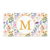 Colorful Spring Flower Watercolor Pattern Monogram ラベル (正面)