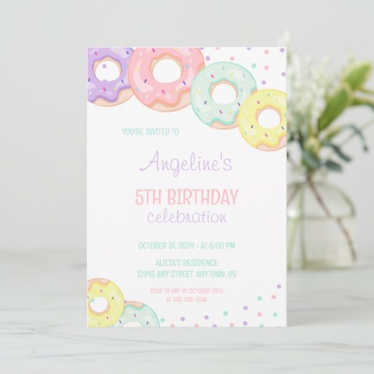 Colorful Sprinkle Donuts Kids Birthday 招待状 (スタンド正面)