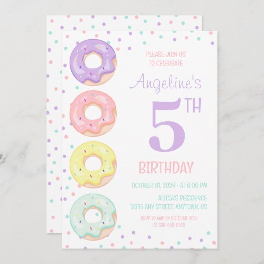 Colorful Sprinkle Sweet Donuts Kids Birthday 招待状 (正面/裏面)