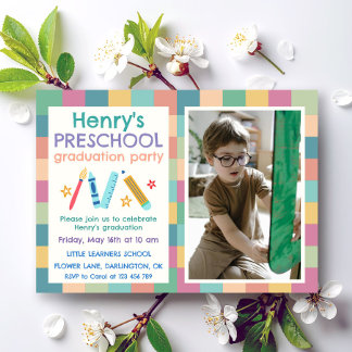 Colorful Squares Photo Preschool Graduation 招待状