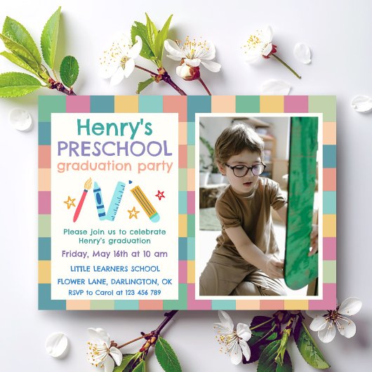 Colorful Squares Photo Preschool Graduation 招待状