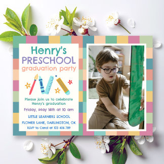 Colorful Squares Photo Preschool Graduation 招待状