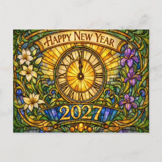 Colorful Stained Glass Floral New Year 2027 シーズンポストカード (正面)