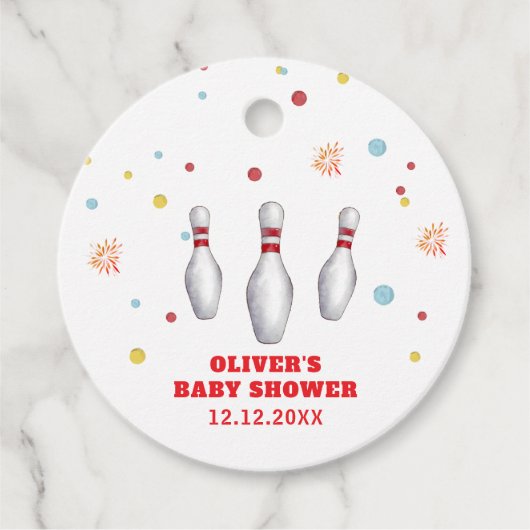 Colorful Strike Up Bowling Sport Baby Shower フェイバータグ (正面)