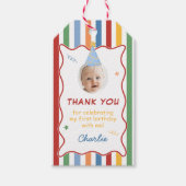Colorful Stripes Boy 1st Birthday Photo ギフトタグ (正面)