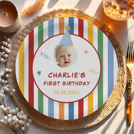 Colorful Stripes Boy 1st Birthday Photo ペーパープレート