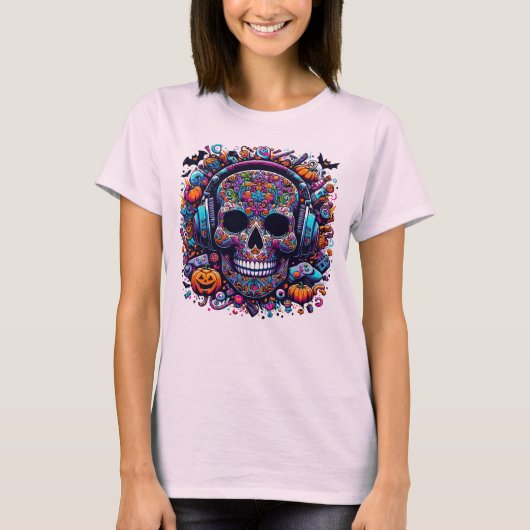 Colorful Sugar Skull Halloween Day of Dead Tシャツ (正面)