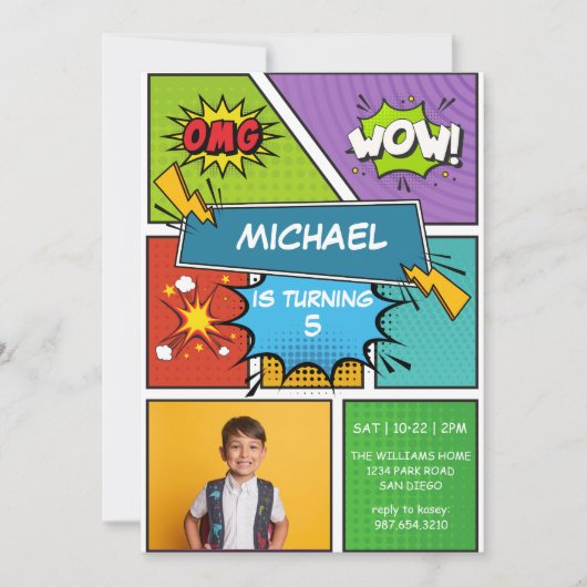 Colorful Superhero Pop Art Birthday Invitation 招待状 (正面)