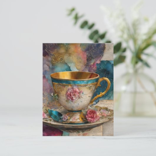 Colorful Teacup Collage Mixed Media Fantasy ポストカード (スタンド正面)