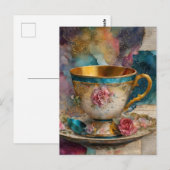 Colorful Teacup Collage Mixed Media Fantasy ポストカード (正面/裏面)