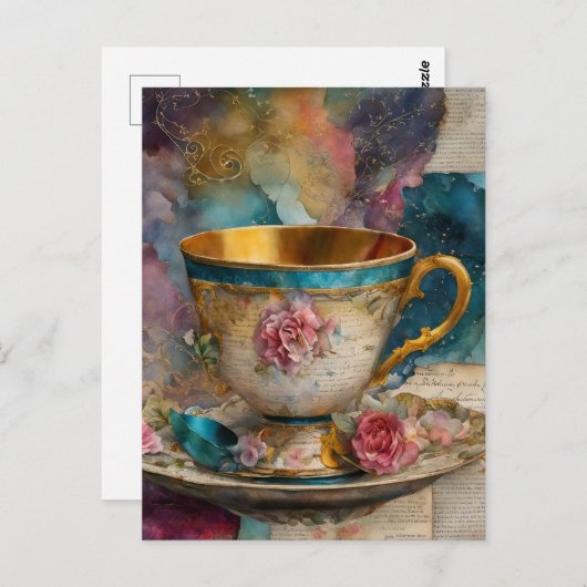 Colorful Teacup Collage Mixed Media Fantasy ポストカード (正面/裏面)