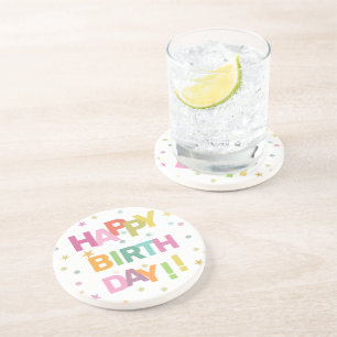 Colorful Text Confetti and Stars Happy Birthday    コースター