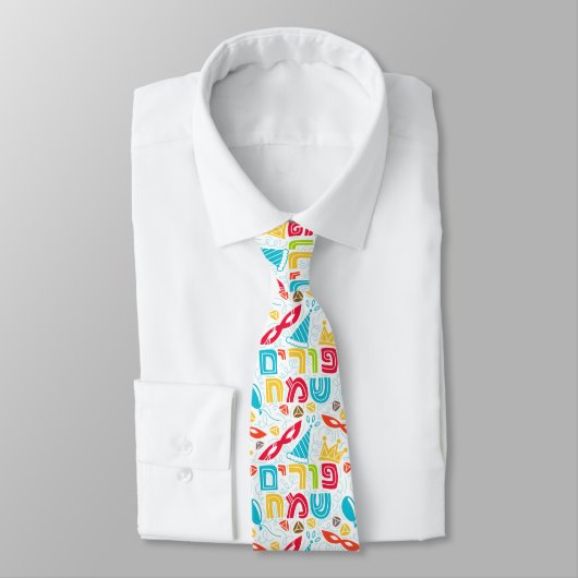 Colorful Tie with Hebrew "Happy Purim" Text ネクタイ (タイ)