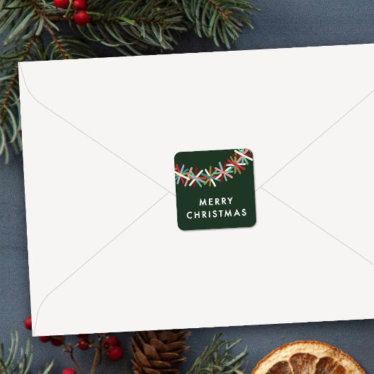 Colorful Tinsel Garland Merry Christmas Sticker スクエアシール