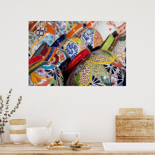 Colorful traditional hand-painted Mexican pottery ポスター (キッチン)
