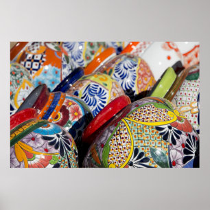 Colorful traditional hand-painted Mexican pottery ポスター