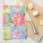 Colorful Trendy Floral Checkerboard Pattern キッチンタオル (四つ折り)