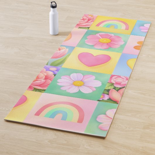 Colorful Trendy Floral Checkerboard Pattern ヨガマット (インサイチュ)