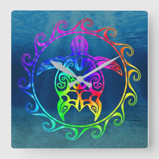 Colorful Tribal Turtle スクエア壁時計 (正面)