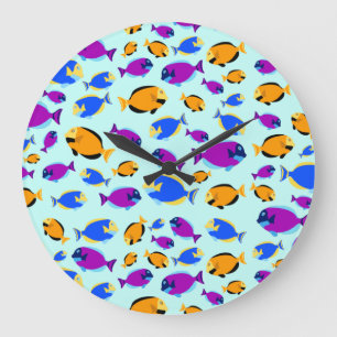 Colorful Tropical Fish Pattern in Blue Sea ラージ壁時計
