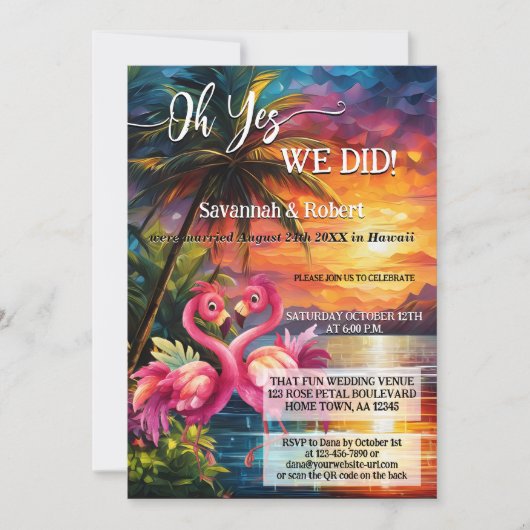 Colorful Tropical Flamingo Wedding Reception Photo 招待状 (正面)