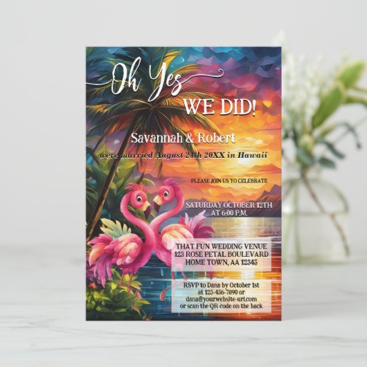 Colorful Tropical Flamingo Wedding Reception Photo 招待状 (スタンド正面)