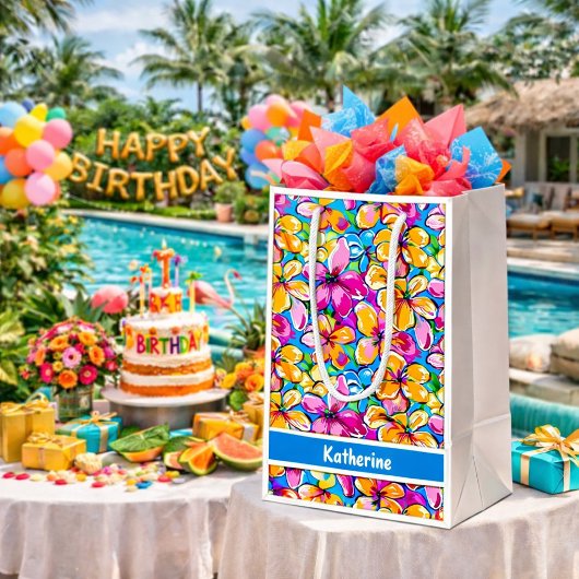 Colorful Tropical Floral Pattern ミディアムペーパーバッグ