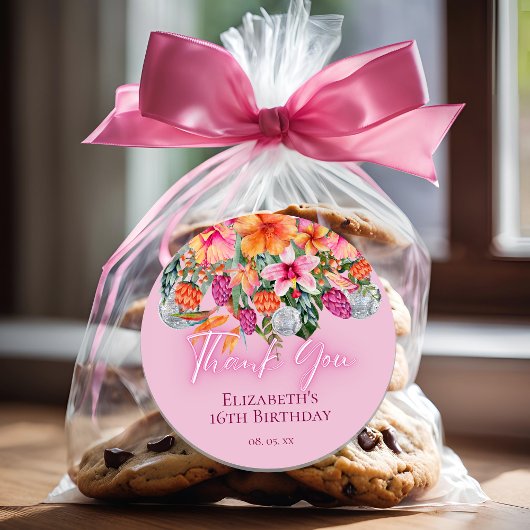 Colorful Tropical Flowers Disco Balls Neon Glow ラウンドシール