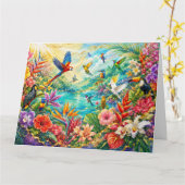 Colorful Tropical Garden Birds & Exotic Flowers| カード (黄色い花)