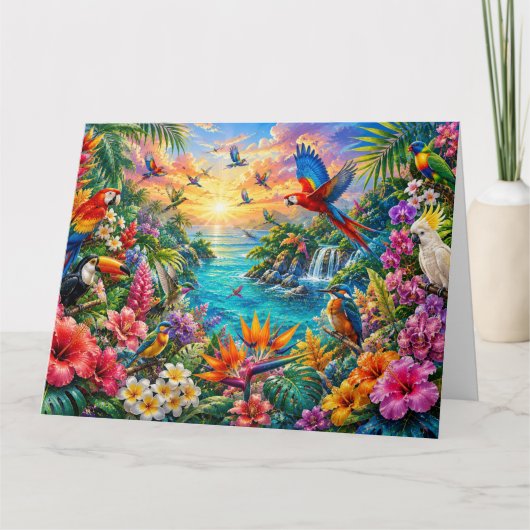 Colorful Tropical Paradise Exotic Birds & Flowers カード (正面)