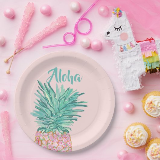 Colorful Tropical Pineapple Monogram ペーパープレート (パーティー)