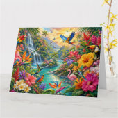 Colorful Tropical Rainforest Exotic Birds & Flowe  カード (黄色い花)