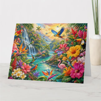 Colorful Tropical Rainforest Exotic Birds & Flowe カード