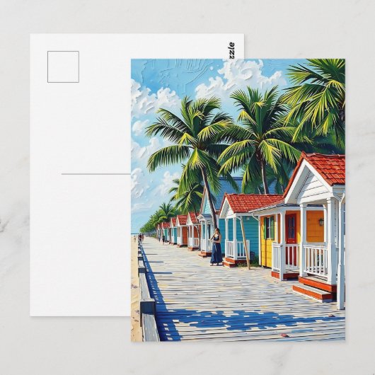Colorful Tropical Vibrant Beach Huts ポストカード (正面/裏面)