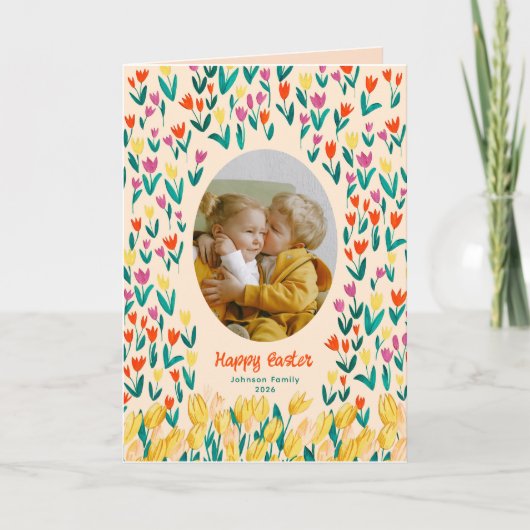 Colorful Tulip Happy Easter Family Photo Greeting カード (正面)