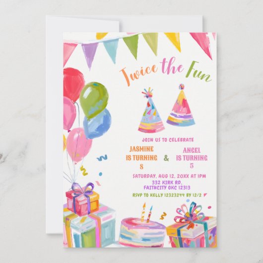 Colorful Twice the Fun Sibling Birthday 招待状 (正面)