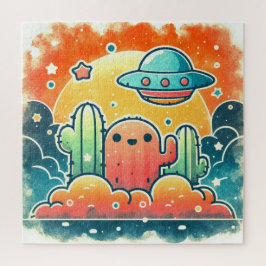 Colorful UFO Cactus Desert Scene Jigsaw Puzz ジグソーパズル