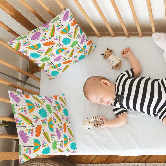 Colorful Umbrellas with Clouds and Raindrops クッション