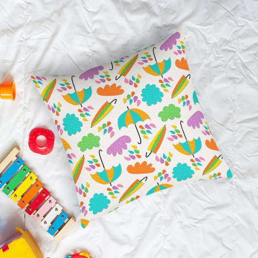 Colorful Umbrellas with Clouds and Raindrops クッション