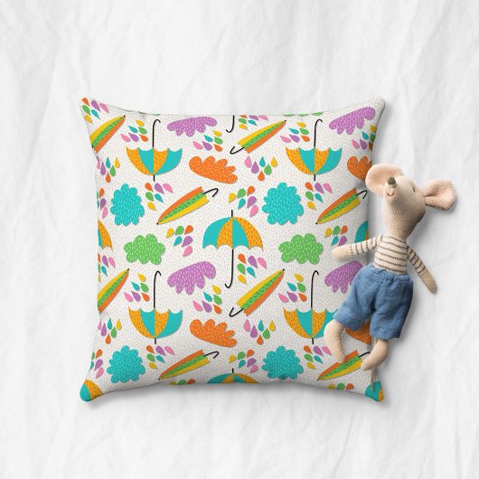 Colorful Umbrellas with Clouds and Raindrops クッション