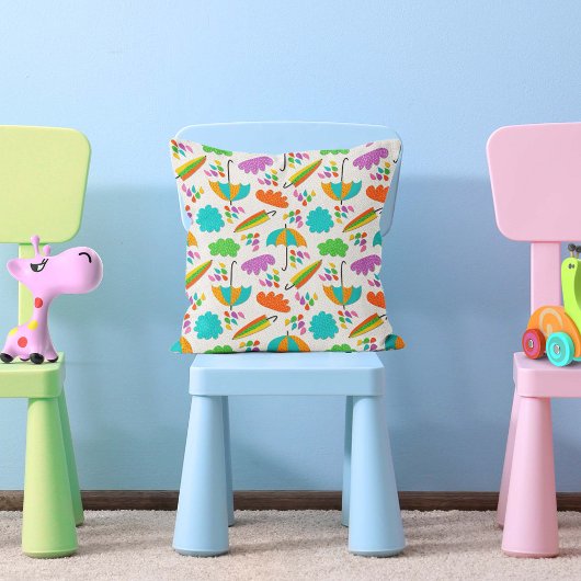 Colorful Umbrellas with Clouds and Raindrops クッション