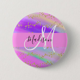 Colorful Unicorn Rainbow Gold Glitter Monogram 缶バッジ