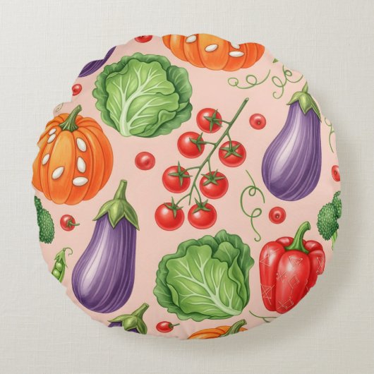 Colorful Vegetable Pattern Illustration ラウンドクッション (正面)
