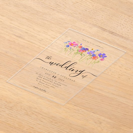 Colorful Vibrant Bold Boho Wildflower Wedding アクリル招待状 (レイダウン)
