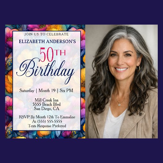 Colorful Vibrant Poppy Flower 50th Birthday Photo 招待状