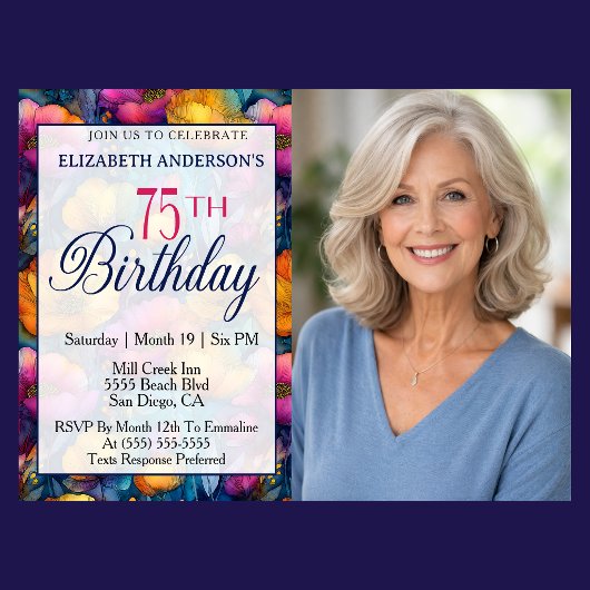Colorful Vibrant Poppy Flower 75th Birthday Photo 招待状