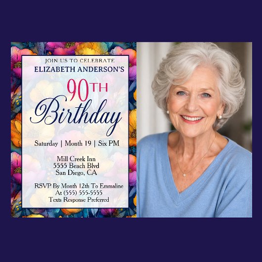 Colorful Vibrant Poppy Flower 90th Birthday Photo 招待状