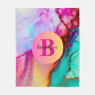 Colorful Vibrant Watercolor Art Monogram Name フリースブランケット