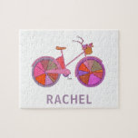 Colorful Vintage Bike Flowers Illustration Name ジグソーパズル<br><div class="desc">A colorful and cute bicycle illustration of an old fashioned bike with a basket of flowers,  personalized with name or wording of your choosing.</div>